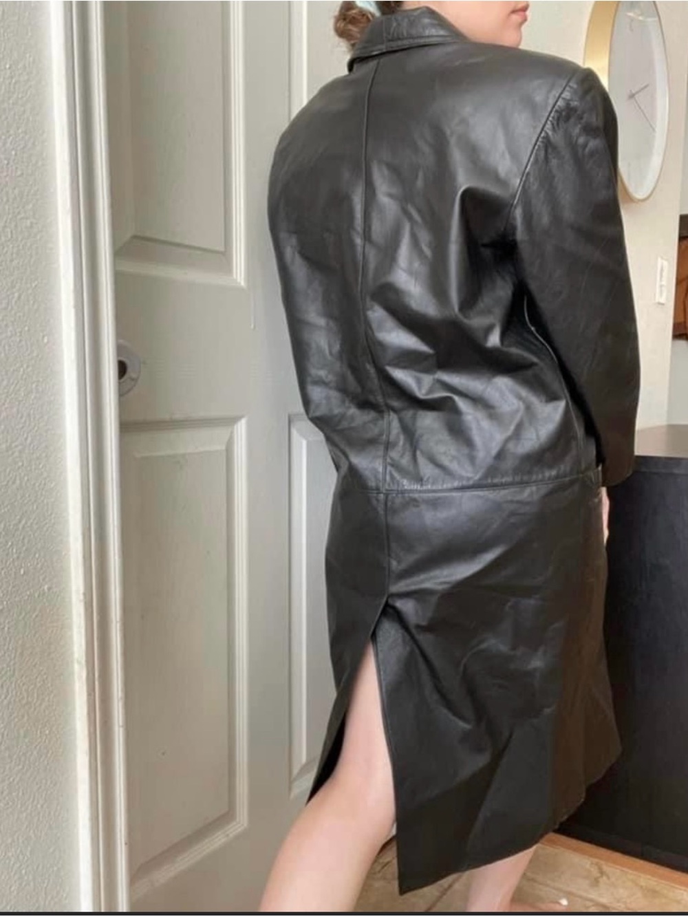 Black Double-Breasted Leather Trench Coat Vintage Sz Petite S Intl leather - Picture 2 of 5